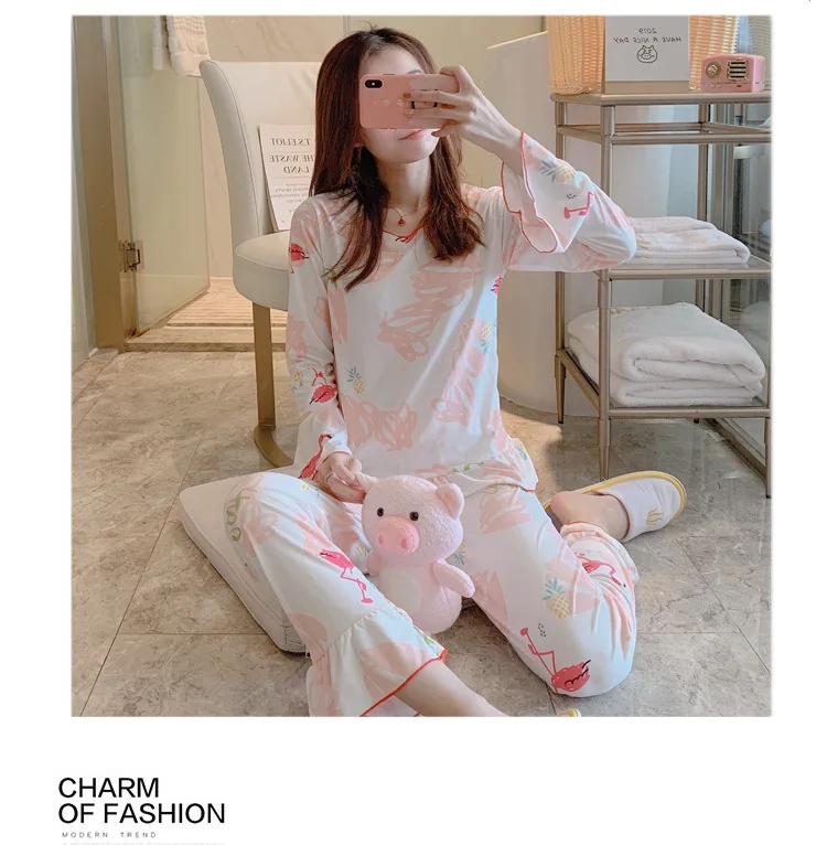 Wontive Autumn Women Long Sleepwear Suit Home Women Gift Female Sleepwear Cartoon female big plus size womens pajamas Sets