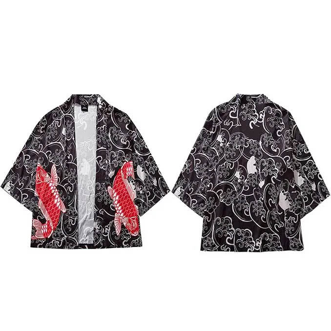 A227067 Black Harajuku кимоно куртка японский красный Koi рыбий принт хип хоп мужская куртка в уличном стиле пальто короткое осеннее тонкое платье в японском стиле - Цвет: A227067 Black