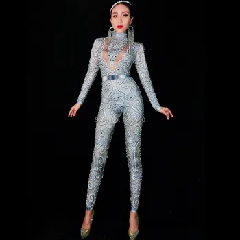 

Black Gray Rhinestones Pearls Long Sleeves Dress Sexy Spandex Women Singer Outfit Birthday Celebrate Evening Dress