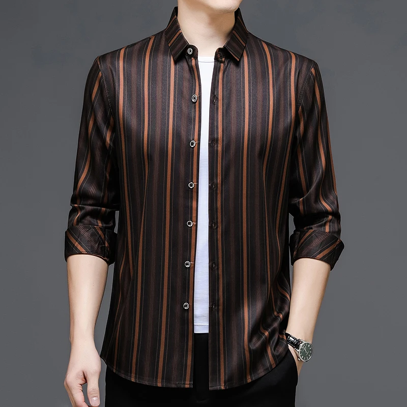 Quality Pinstriped Work Plus Size Gents Casual Shirts Smooth Soft Business Fashion Man Clothes Turn-down Collar Shirt Korean | Мужская