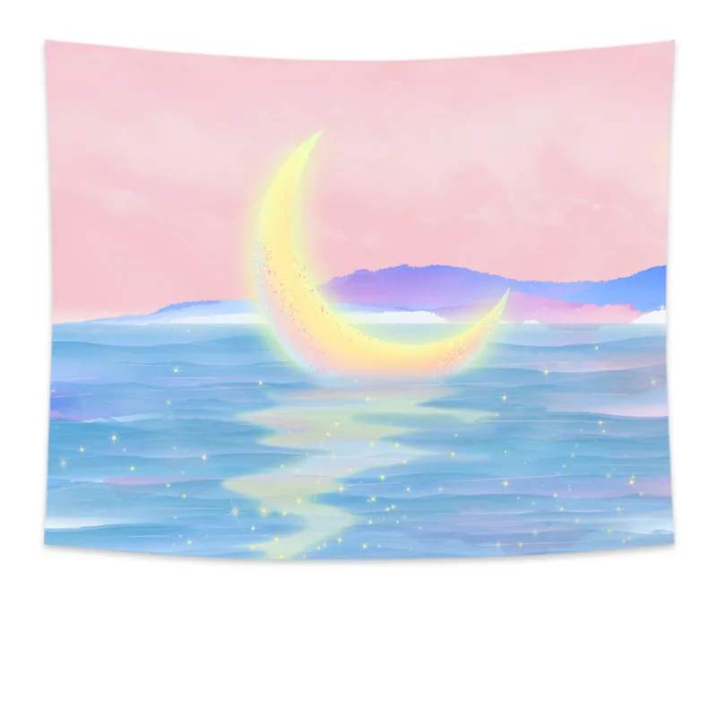 Pink Moon Tapestry Wall Hanging Sea Waves Seaside Scenic Tapestries Decor Dreamlike Color Tapiz Polyester Home | Дом и сад