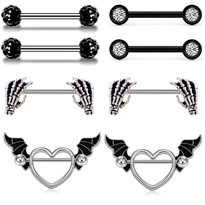 Stainless Steel Heart Nipple Piercing Set 14G Black Angel Wing Nipple Piercing Lot Tongue Barbell Bulk Crystal Nipple Ring Pack