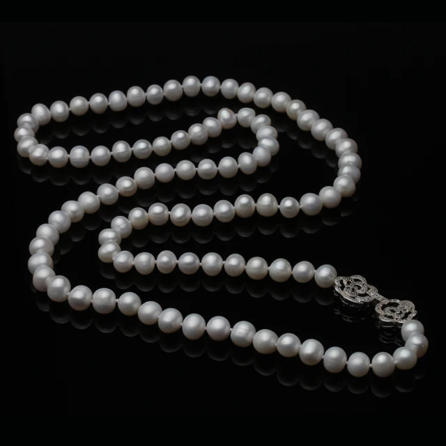 Trendy Real Natural Long Pearl Necklace Women,Wedding White Freshwater Round Pearl Necklace Party Gift 5