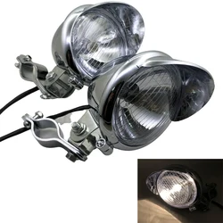 1 Set Chrome Motorcycle Headlight Spot Fog Lamp With Roll Cage Guard Bar Tube Bracket Clamp For Benelli Ducati Cafe Racer