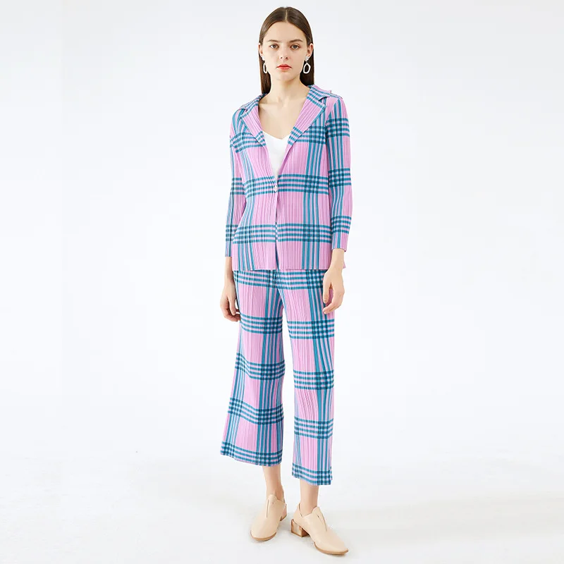 

Pant Suits For Women Plus Size 45-75kg Autumn 2020 New Loose Miyake Pleated Two Piece Set Single Button Jacket + Wide Leg Pants