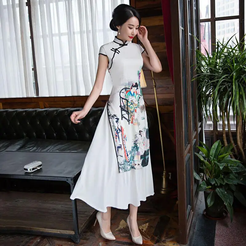 Элегантное красное Сетчатое платье с коротким рукавом Qipao, большие размеры 3XL, Vestido, Новое поступление, благородное китайское женское длинное платье Cheongsam из искусственного шелка, 2 шт - Цвет: White D