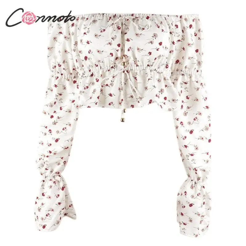 Conmoto Модные женские короткие топы с цветочным принтом и блузка женская Повседневная Праздничная короткая рубашка с длинными рукавами на шнуровке шикарный рукав-колокол
