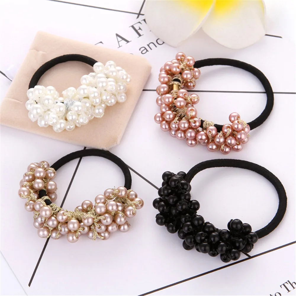 Pearls Beads Headbands Ponytail Holder for Girls Scrunchies Vintage Elastic Hair Bands Rubber Rope Headdress Hair Accessories