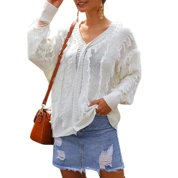 

Women Knit Sweater Pullover Sweater V-neck Fringed Lace Stitching Loose Tops -MX8