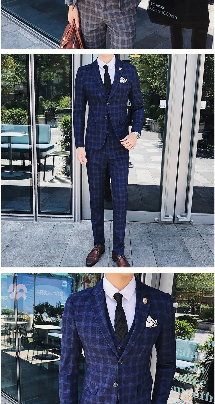 Мужские формальные костюмы смокинг, Slim Fit мужской деловой костюм Азиатский размер XXXL 4XL мужской костюм куртка+ жилет+ брюки классические клетчатые костюмы мужские
