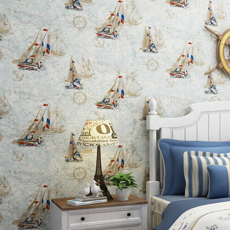 

For Style Interior Bedroom Wallpaper Mediterranean Walls Cartoon Voyage Sailing Boat Wall Paper For Kids Children Room Walls