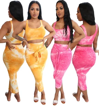 

2020 New Hot Selling Suit Fashion Tie-Dye Printing Waist Two-Piece European and American Women's Clothing