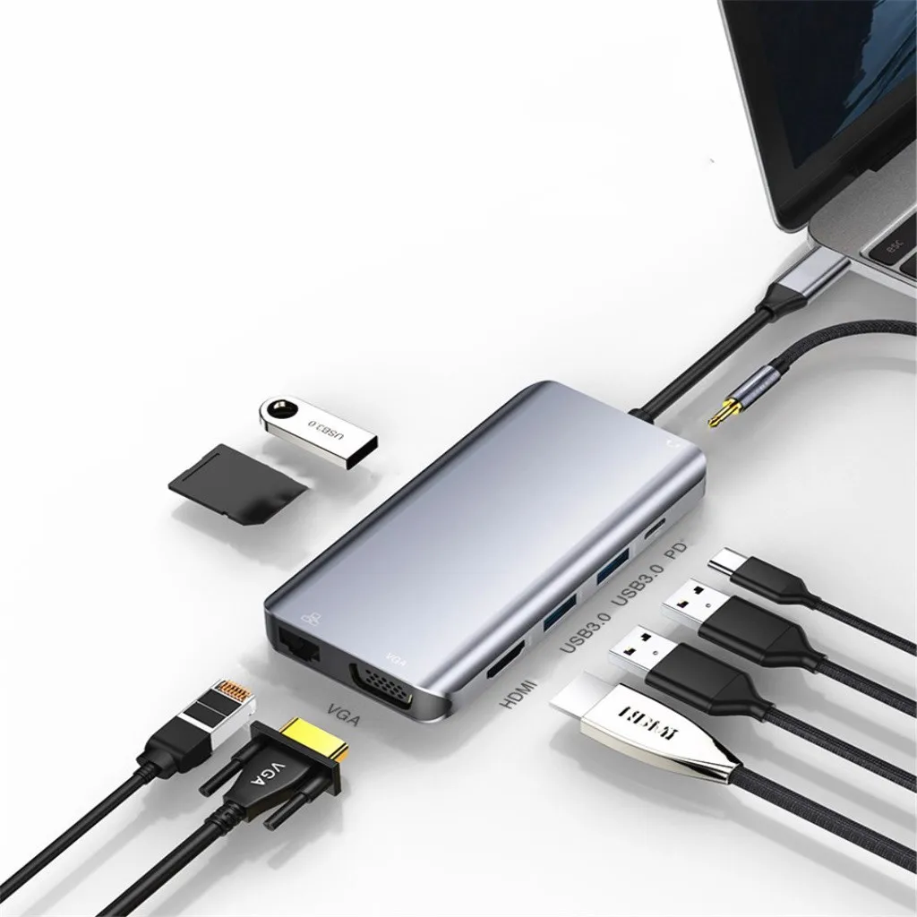 Ouhaobin 10в1 USB C концентратор адаптер к USB3.0 HDMI VGA RJ45 адаптер для ноутбука для SD TF карт ридер