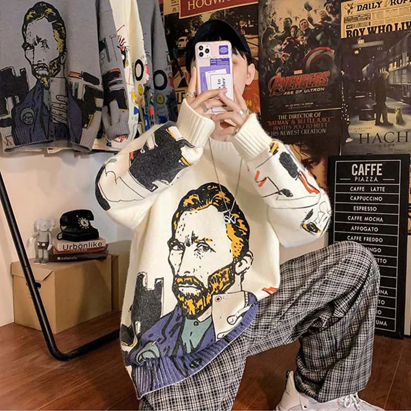 mens pullover sweater Van Gogh Sweater Men Fashion Streetwear Long Sleeve Korean Gengar Clothing Human Kapita Brand Oversized Y2K Women Knit Pullover formal sweater for men