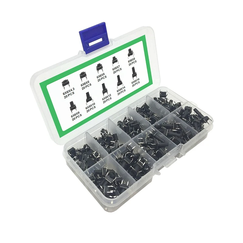 

200PCS Tact Switch 10 Models 6X6X4.3-6X6X13 Tactile Push Button Switch Kit