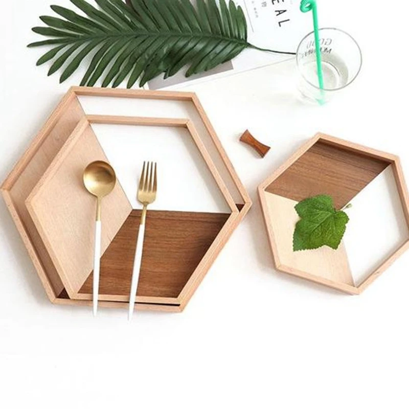 

Hexagon Wood Tray Serving Storage Tray Dinner Plate Snack Dessert Coffee Plate Table Decoration Dessert Makeup Jewelry Holder Ta