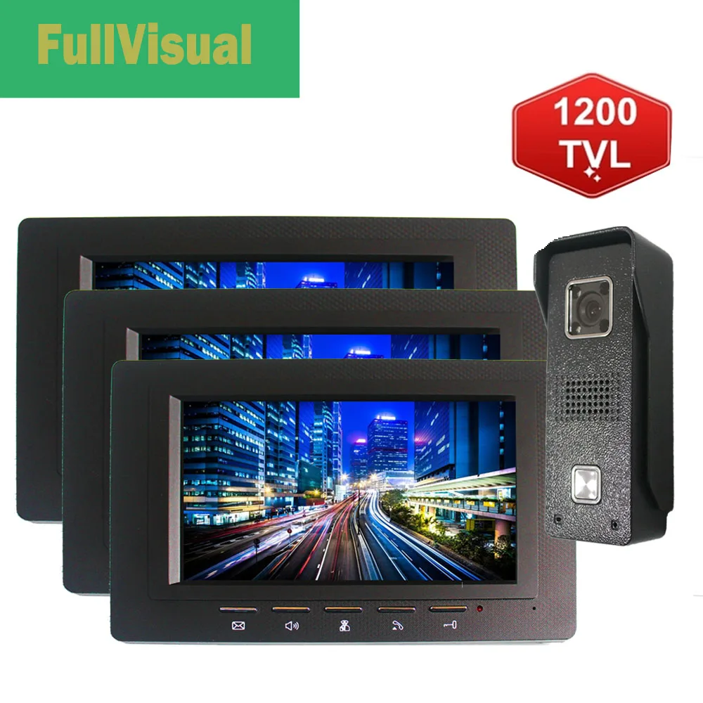 

Fullvisual 7 Inch Video Intercom Multiple System 3 Monitors/2 Monitors 1 Doorbell with Camera Wired 1200TVL Metal Outdoor Panel