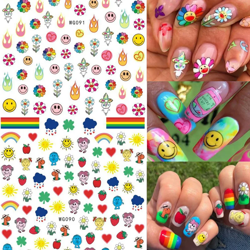 Nail-Art-Stickers Adhesive Face-Nail-Decals Abstract-Line-Face Sun-Flowers Geometric-Design