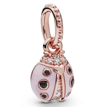 

New 925 Sterling Silver Bead Charm Rose Gold Lucky Pink Ladybird Necklace Pendant Fit Bracelet Bangle Diy Jewelry