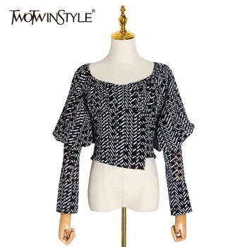 

TWOTWINSTYLE Casual Print Shirts Women O Neck Puff Long Sleeve Lace Up Bow Asymmetrical Blouses For Female Clothing 2020 Fashion