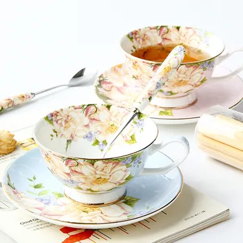 

FASHION BRITISH STYLE BONE CHINA COFFEE CUP AND SAUCER SET WITH SPOON CERAMIC PORCELAIN COFFEE FLOWER TEA CUP
