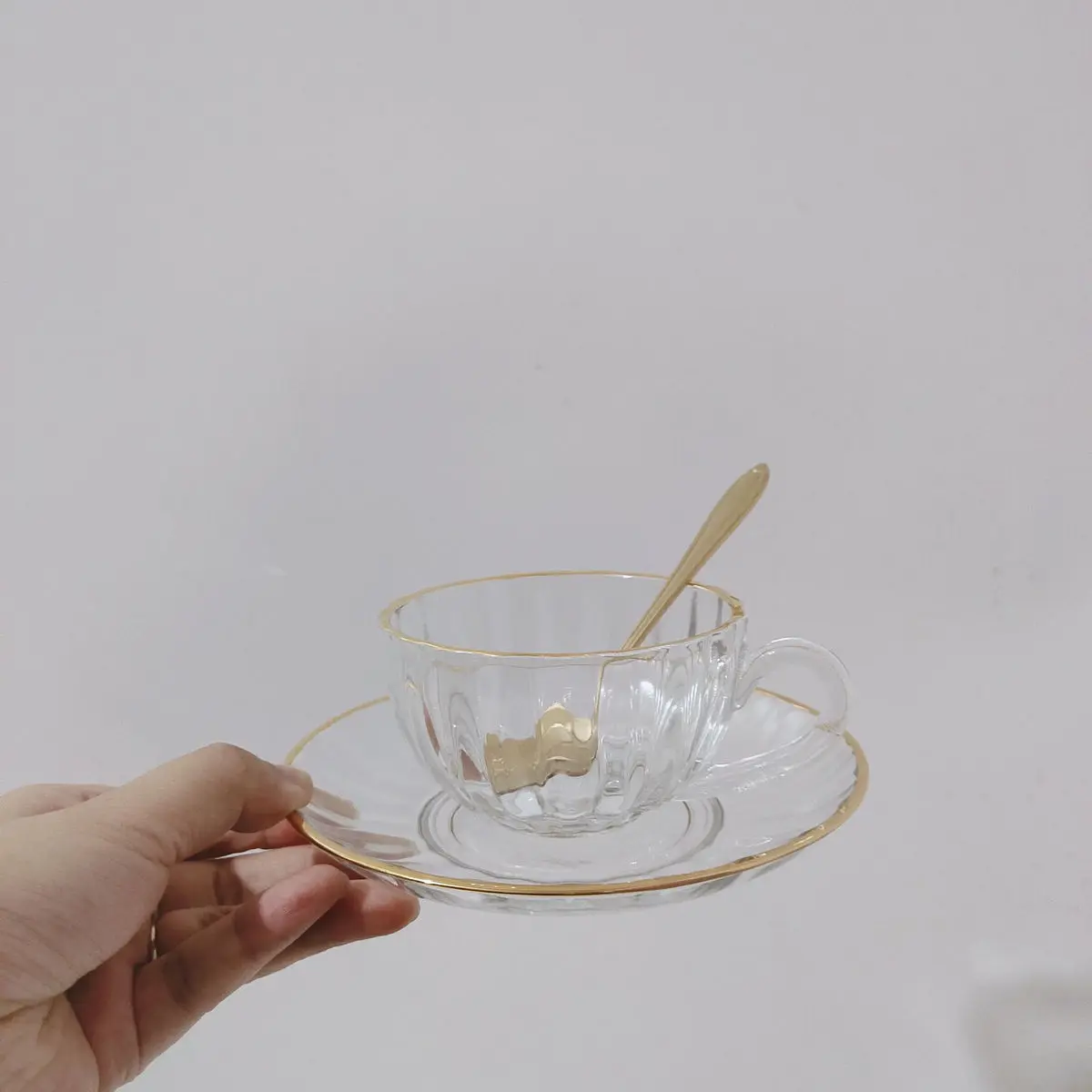 Lot De 6 Tasses à Café Avec Soucoupes - Transparent Et Doré - Occasion En Bon état