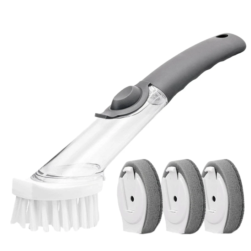 

2 in 1 Kitchen Cleaning Brush with 4 Removable Brushes Long Handle Sponge Cleaning Brush Soap Dispensing Dish Brush Set