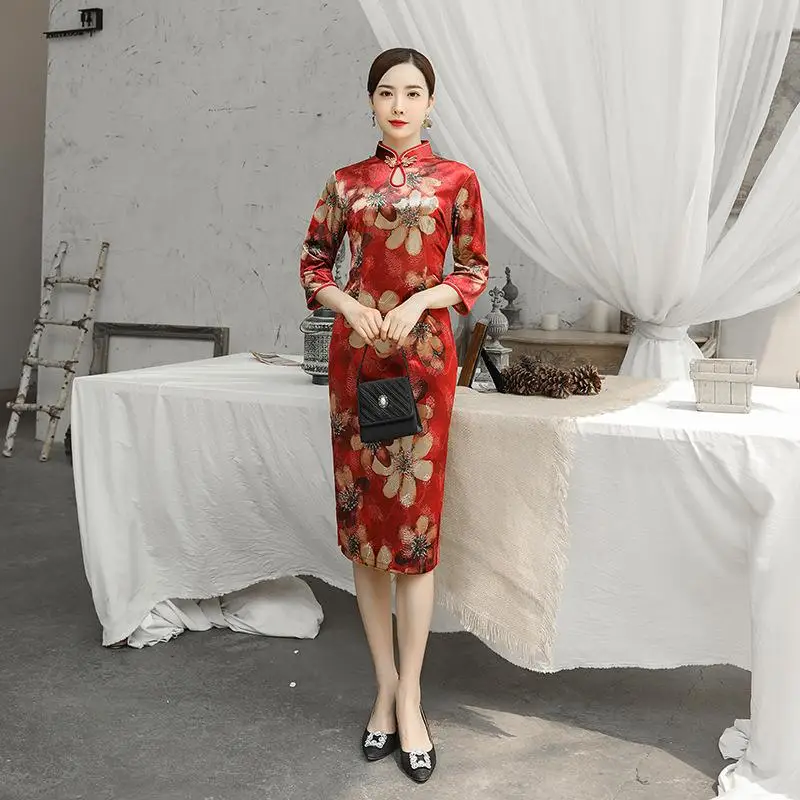 Сексуальное классическое велюровое цветочное женское Восточное Ципао Cheongsam винтажное Вечернее Платье Vestidos новинка обтягивающее китайское платье для выпускного вечера - Цвет: Red