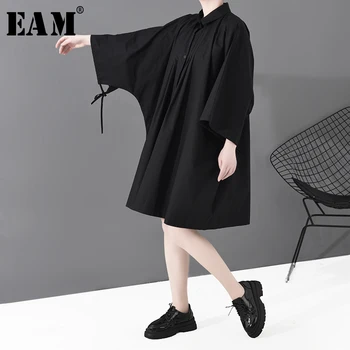 

[EAM] Women Black Bandage Pleated Split Big Size Shirt Dress New Lapel Long Sleeve Loose Fit Fashion Spring Autumn 2020 1S813
