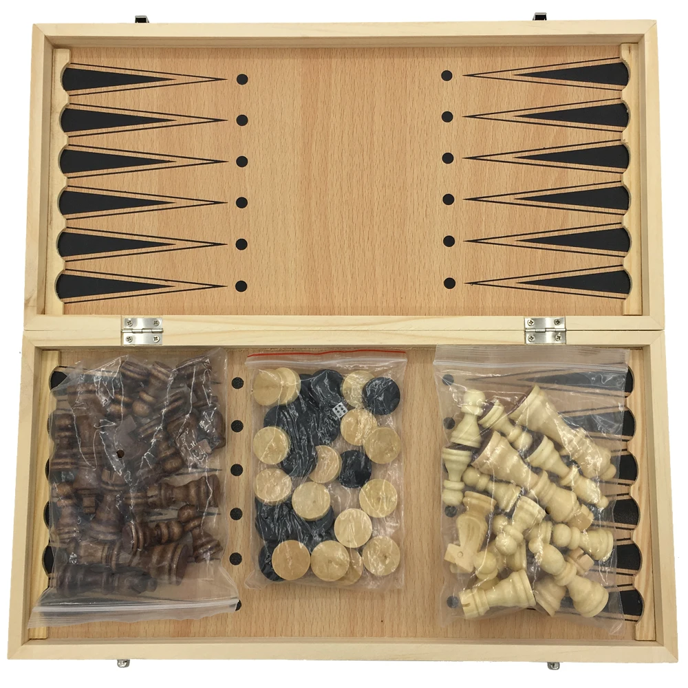 

Large Chess & Checkers & Backgammon 3 in 1 Chess Learning Set Outdoor Travel Games Without Magnetic Board Size 24 cm x 24 cm