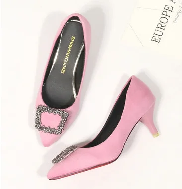 Роскошная женская обувь из флока на низком каблуке, украшенная жемчугом обувь принцессы с острым носком широкий выбор размеров 48-34, 47, серый и черный цвета,, американский стиль - Цвет: pink 5.5cm