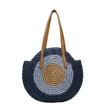 Круглая Соломенная пляжная сумка, винтажная тканая сумка на плечо ручной работы, рафия, круглая ротанговая сумка, богемные летние сумки для отдыха, повседневные сумки - Цвет: blue