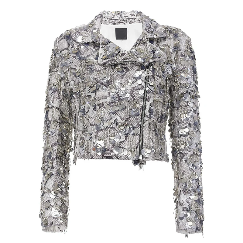as picture CHICEVER Patchwork Sequin Tassel Women's Coats Lapel Collar Long Sleeve Streetwear Style Coat Female Autumn Fashion Clothes - Цвет: as picture