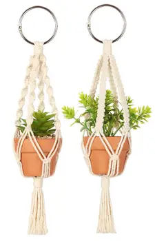 

Mini Macrame Plant Car Hanging 2 Pcs Handmade Rear View Mirrior Charm Car Decorations Boho Hanging Planter with Pot and Plant