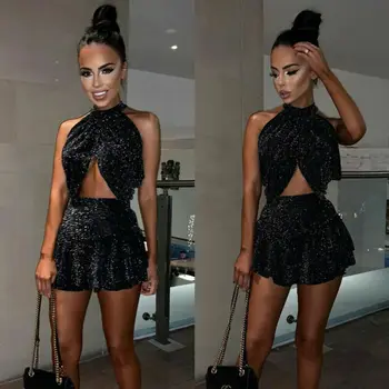 

Fashion Ladies Shiny Two Piece Set Streetwear Women Summer Sleeveless Bandage cross Crop Top Skirt Set Party Club 2 piece set