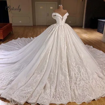 

Optcely Elegant Luxury V-Neck Sleeveless Backless Ball Gowns Wedding Dress 2019 Train Appliques Beaded Chapel Train Bridal Gown