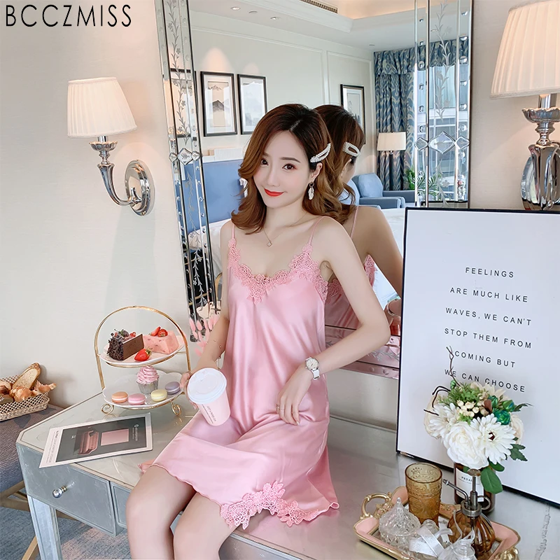 

BCCZMISS Summer Sexy Lace Pajamas for Women Soild Pink Nightdress Female Baby Doll Faux Silk Home Clothes Lady Nightie Baby Doll