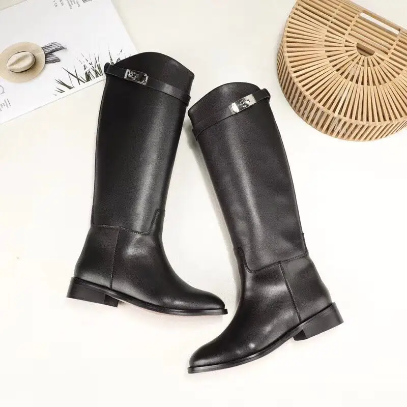 

Designer Genuine Leather Long Boots Sexy Woman Motorcycle Booties Belt Strap Metal Shark Lock flat heel Knee High Boots