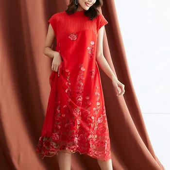 

Red Dress Woman S-XXL Autumn 2020 Stand Collar Sleeveless Knitted Patchwork Embroidered Gauze Loose A-Line Mid-Calf Length Dress