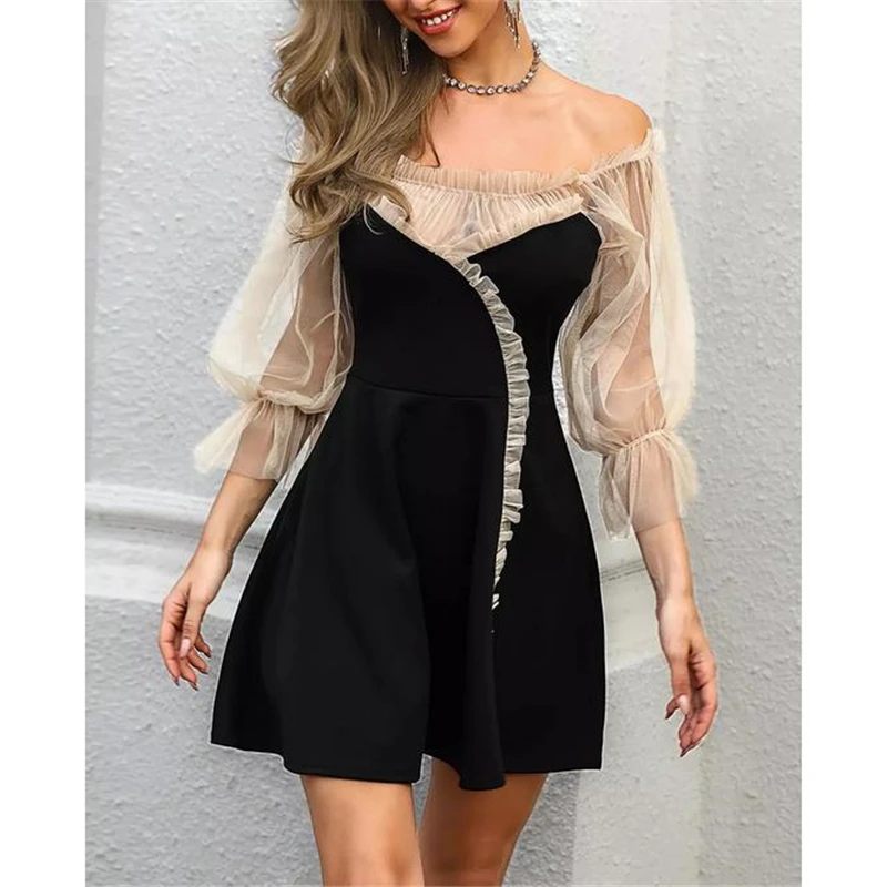 

Women Formal Dress Summer Fashion Puff Half Sleeve Lace Off Shoulder Mini Dress Ladies Evening Party Dresses Office Lady Dresses