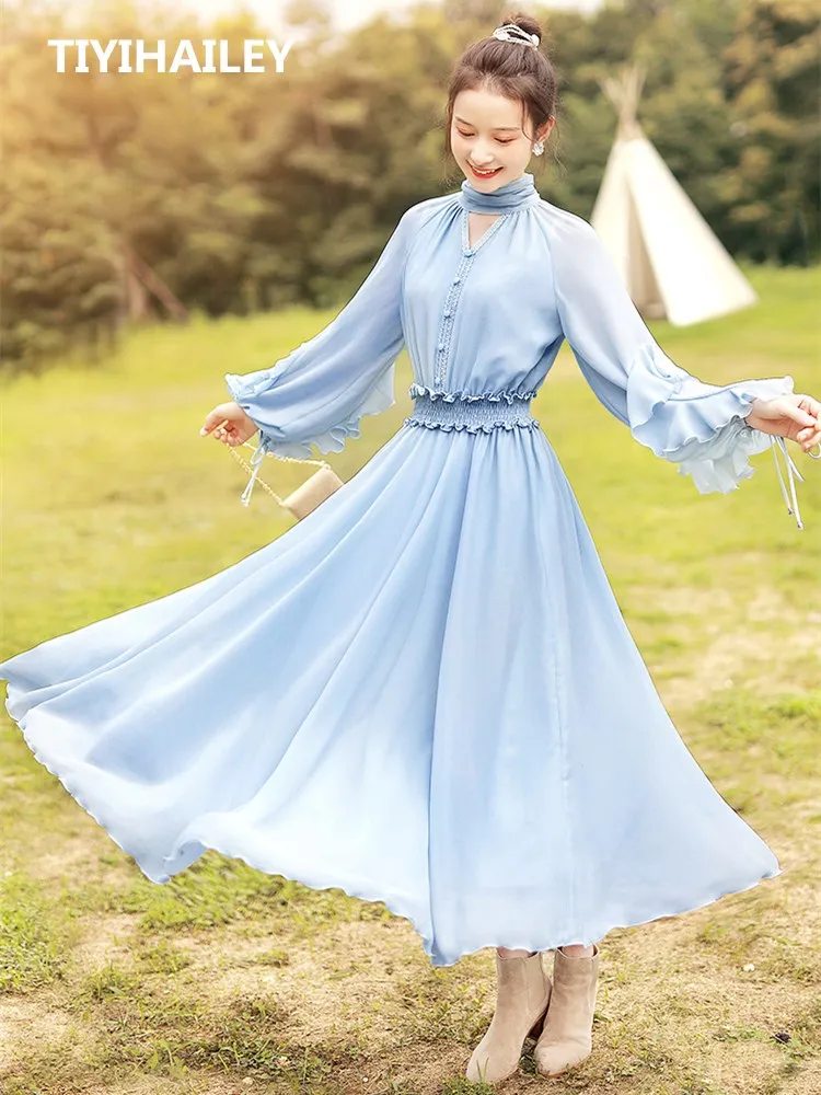 

TIYIHAILEY Free Shipping 2022 New Boshow Women Long Maxi Long Lantern Sleeve Autumn S-L Chiffon Big Hem Ruffles Blue Dresses
