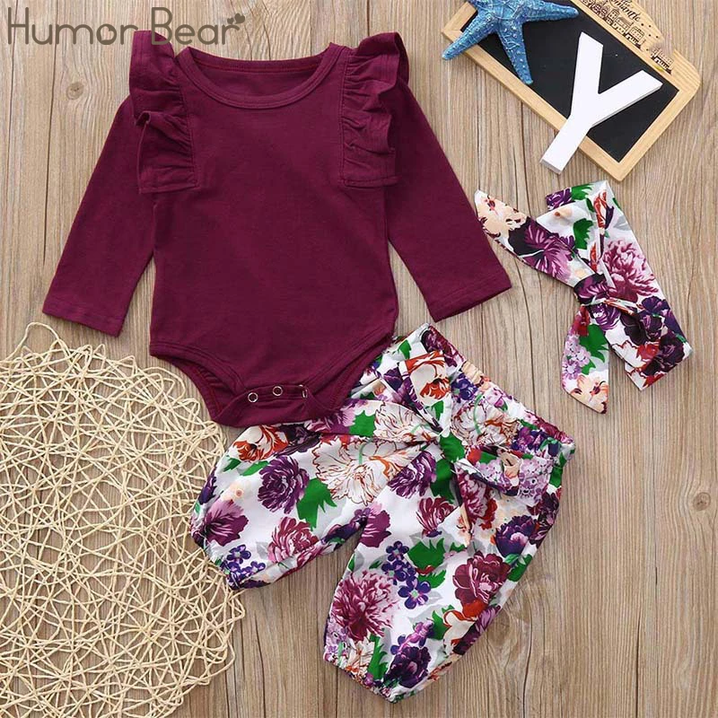 Humor Bear/весенне-осенние комплекты одежды для маленьких девочек хлопковая футболка с длинными рукавами + штаны с цветочным принтом + повязка