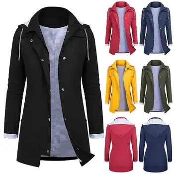 

Fashion Women Waterproof Color Block Patchwork Tight Waist Hooded Wind Coat