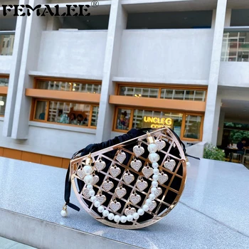 

Luxury Women's Bags Heart Diamond Hollow Handbag Sac Designer Pearl Hnadle Half Moon Shoulder Bag New Elegant Cage Crossbody Bag