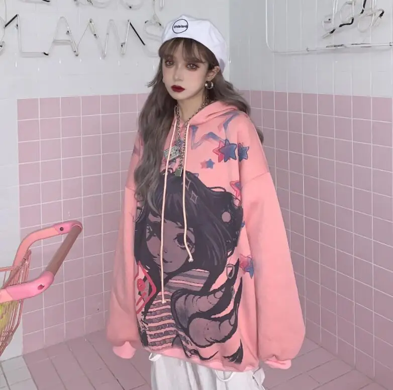 Осень и зима Корейская девушка печати Свободные Harajuku ретро с капюшоном шнурок плюс бархат толстовка для женщин