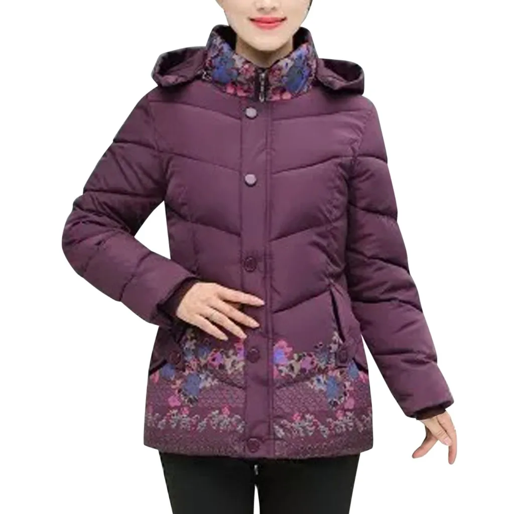 Зимняя хлопковая куртка для пожилых женщин среднего возраста, хлопковое пальто, зимняя одежда для мамы, с принтом, толстая ватная куртка размера плюс 5xl#3 - Цвет: Purple