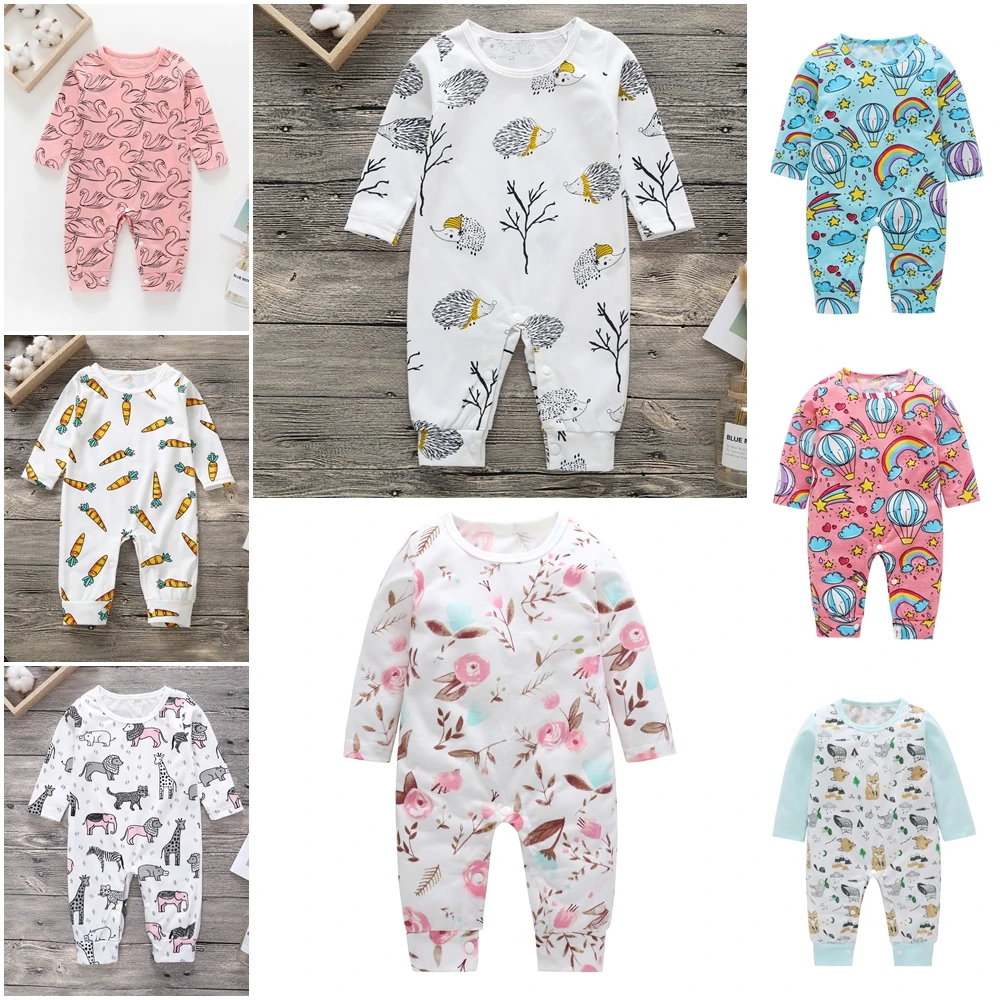 New Newborn Baby Clothes Boys Girls Romper Floral Dinosaur Car Printed Long Sleeve Cotton Romper Kids Jumpsuit Playsuit Outfits