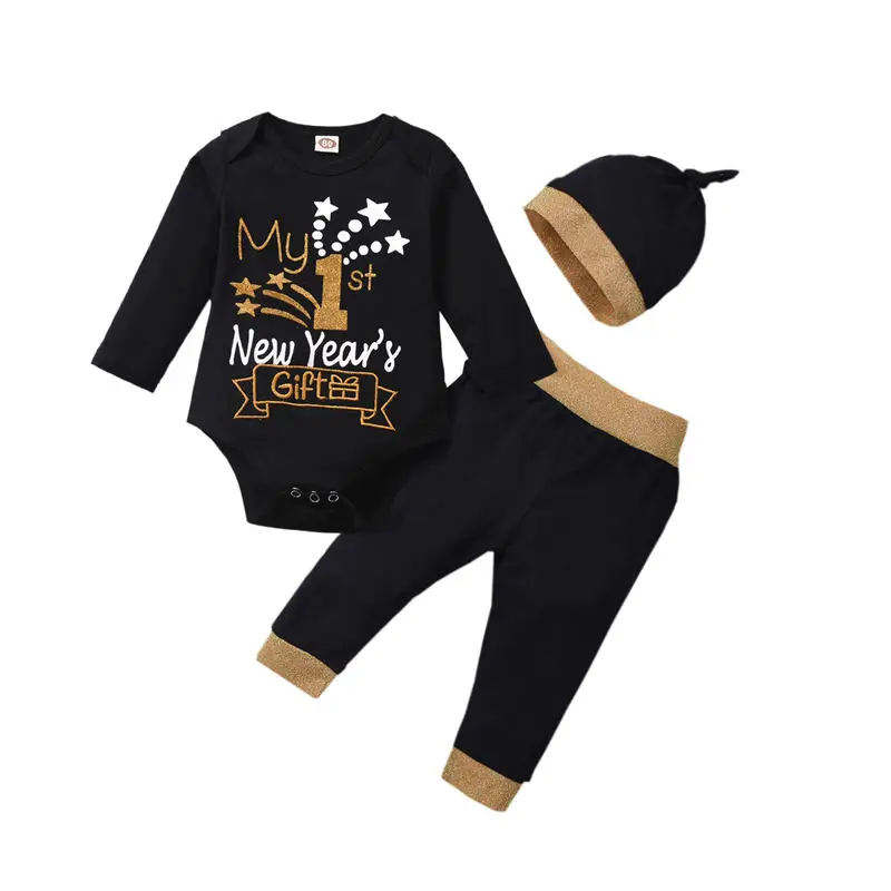 

My First New Year's Gift Outfit Baby Boys Girls Clothes Set 3pcs Infant Kids Outfit Cotton Bodysuit+Pants+Hat Toddler Costume
