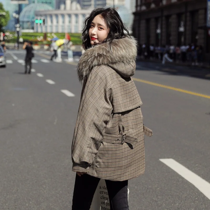 

2019 Winter New Style down Jacket Cotton-padded Clothes Women's Plaid Short down Coat Short-height Online Celebrity Hot Selling