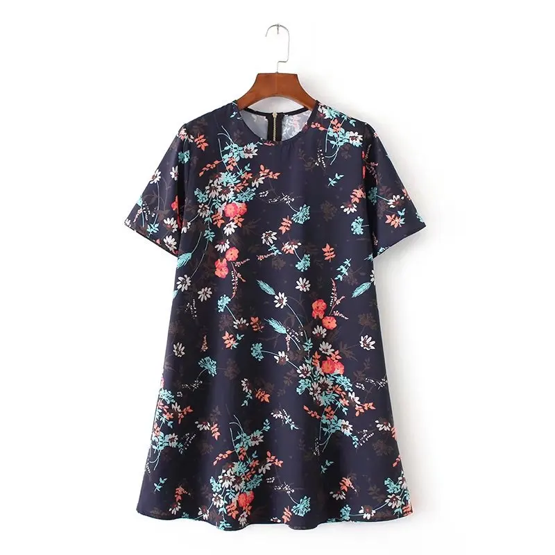 

2018 Europe And America Pastoral Style Back Zipper Loose-Fit Dress Short Sleeve Crew Neck Printed Midi-skirt Women's 110